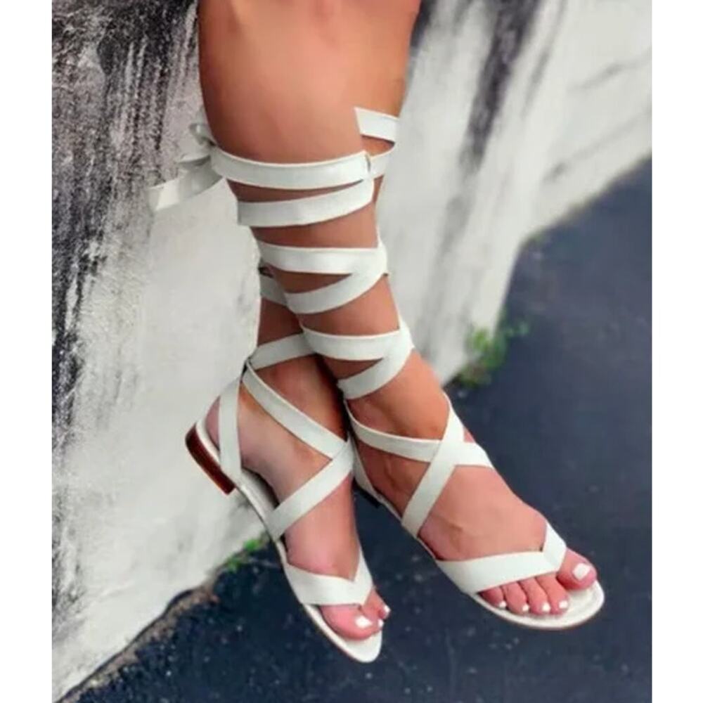 Johanna Ortiz First World Fair Sandals Leather Lace-Up Wrap Gladiator, White